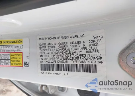 2019 Honda Accord Sport 2.0T z USA, uszkodzony, nr VIN 1HGCV2F31KA020221